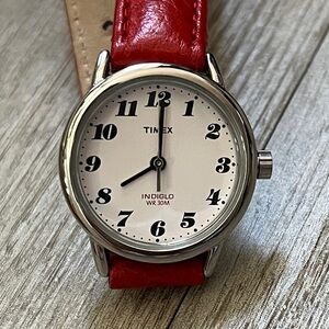 Women’s 25mm Timex Easy Reader INDIGLO Classic Silver Watch with Red Strap